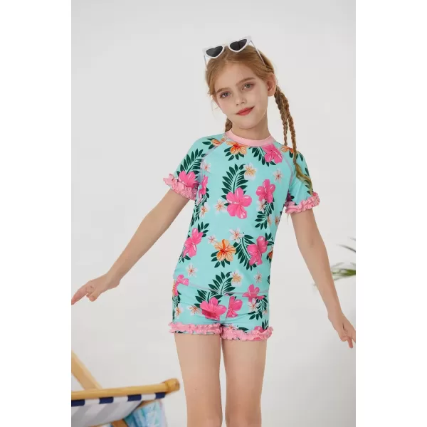 GRACE KARIN Girls Swimsuits Short Bathing Suits Two Piece Tankini Rash Guard Swimwear 612YLight Blue Floral