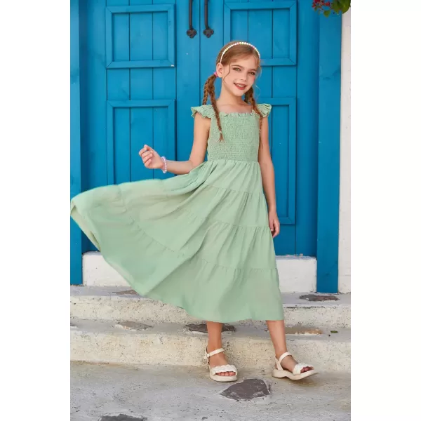 GRACE KARIN Girls Tie Back Party Dress Ruffle Sleeve Smoke Tiered Special Occasions Summer Maxi Dresses Size 512Light Green