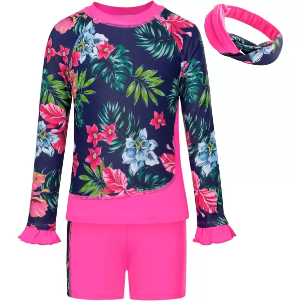 GRACE KARIN Girls Two Piece Swimsuit Long Sleeve Rash Guard Bathing Suit with Hairband 512YHot Pink