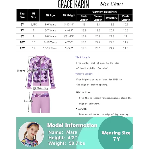 GRACE KARIN Girls Two Piece Swimsuit Long Sleeve Rash Guard Bathing Suit with Hairband 512YLight Blue