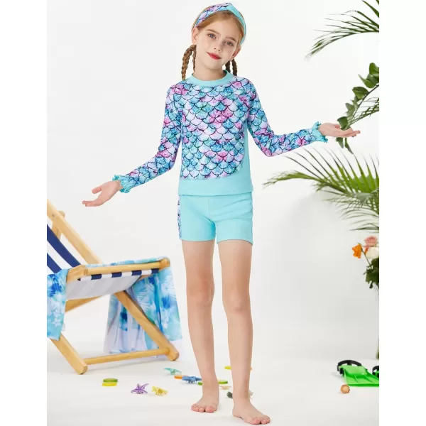 GRACE KARIN Girls Two Piece Swimsuit Long Sleeve Rash Guard Bathing Suit with Hairband 512YLight Blue