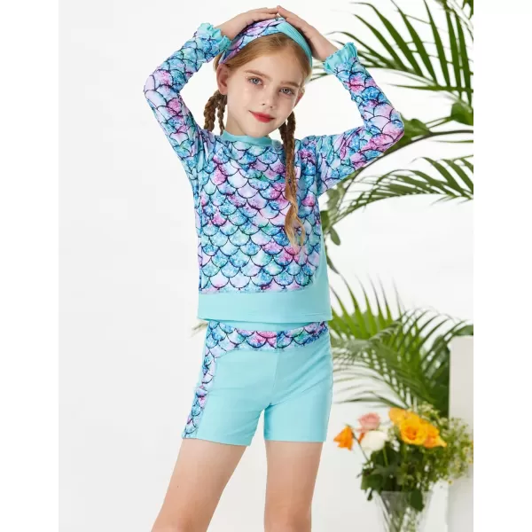 GRACE KARIN Girls Two Piece Swimsuit Long Sleeve Rash Guard Bathing Suit with Hairband 512YLight Blue