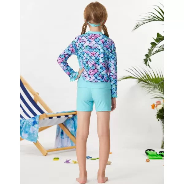 GRACE KARIN Girls Two Piece Swimsuit Long Sleeve Rash Guard Bathing Suit with Hairband 512YLight Blue
