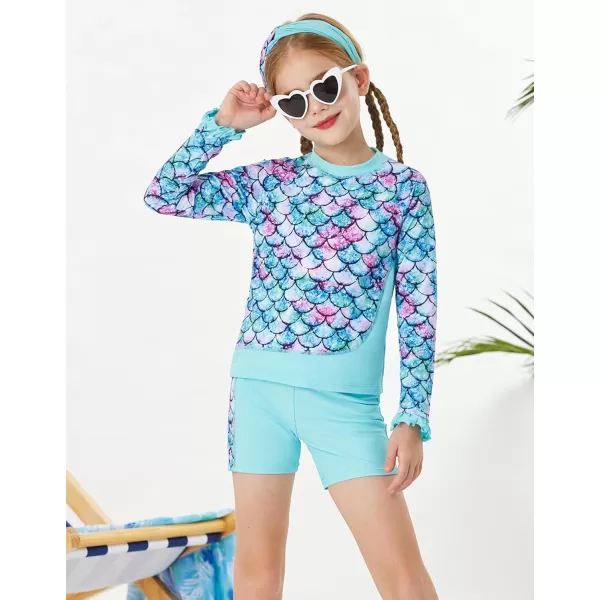 GRACE KARIN Girls Two Piece Swimsuit Long Sleeve Rash Guard Bathing Suit with Hairband 512YLight Blue