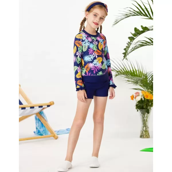 GRACE KARIN Girls Two Piece Swimsuit Long Sleeve Rash Guard Bathing Suit with Hairband 512YNavy Blue
