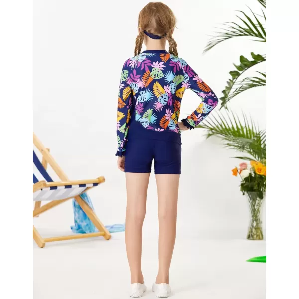 GRACE KARIN Girls Two Piece Swimsuit Long Sleeve Rash Guard Bathing Suit with Hairband 512YNavy Blue