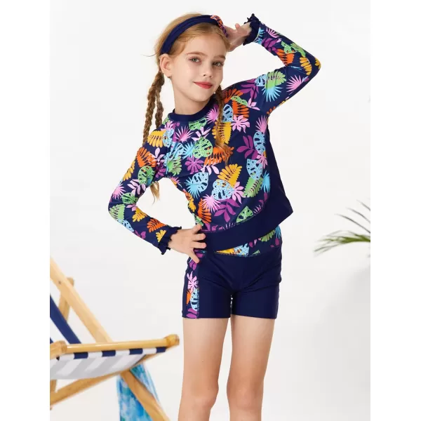GRACE KARIN Girls Two Piece Swimsuit Long Sleeve Rash Guard Bathing Suit with Hairband 512YNavy Blue