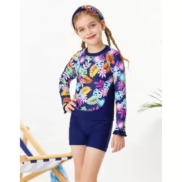 GRACE KARIN Girls Two Piece Swimsuit Long Sleeve Rash Guard Bathing Suit with Hairband 512YNavy Blue