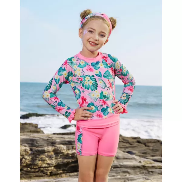 GRACE KARIN Girls Two Piece Swimsuit Long Sleeve Rash Guard Bathing Suit with Hairband 512YPink