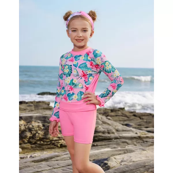 GRACE KARIN Girls Two Piece Swimsuit Long Sleeve Rash Guard Bathing Suit with Hairband 512YPink