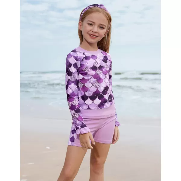 GRACE KARIN Girls Two Piece Swimsuit Long Sleeve Rash Guard Bathing Suit with Hairband 512YPurple