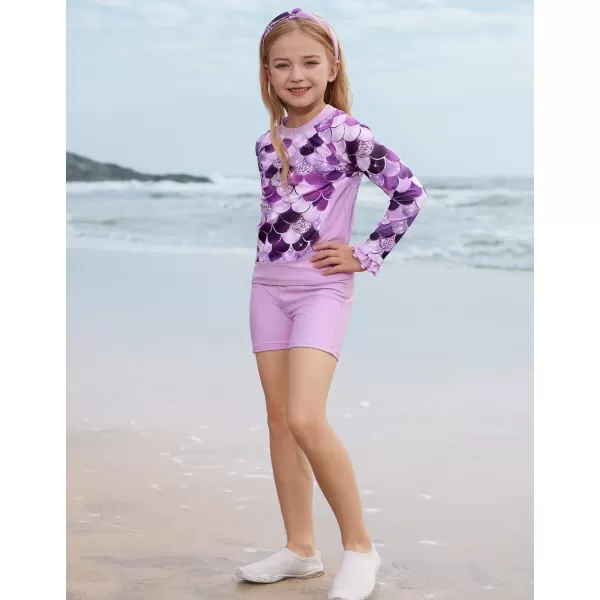 GRACE KARIN Girls Two Piece Swimsuit Long Sleeve Rash Guard Bathing Suit with Hairband 512YPurple