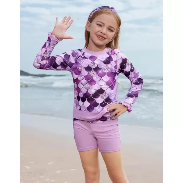 GRACE KARIN Girls Two Piece Swimsuit Long Sleeve Rash Guard Bathing Suit with Hairband 512YPurple