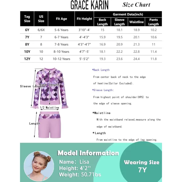 GRACE KARIN Girls Two Piece Swimsuit Long Sleeve Rash Guard Bathing Suit with Hairband 512YPurple