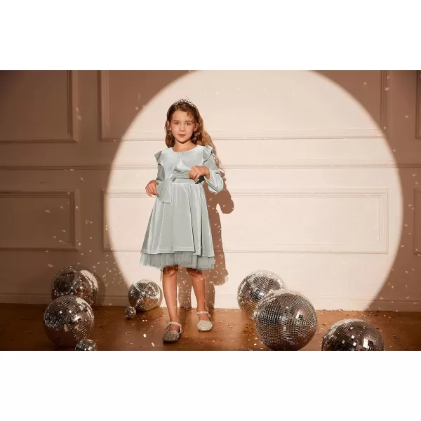 GRACE KARIN Girls Velvet Dress Crew Neck Ruffle Fall Winter Party Dresses 512YSliver