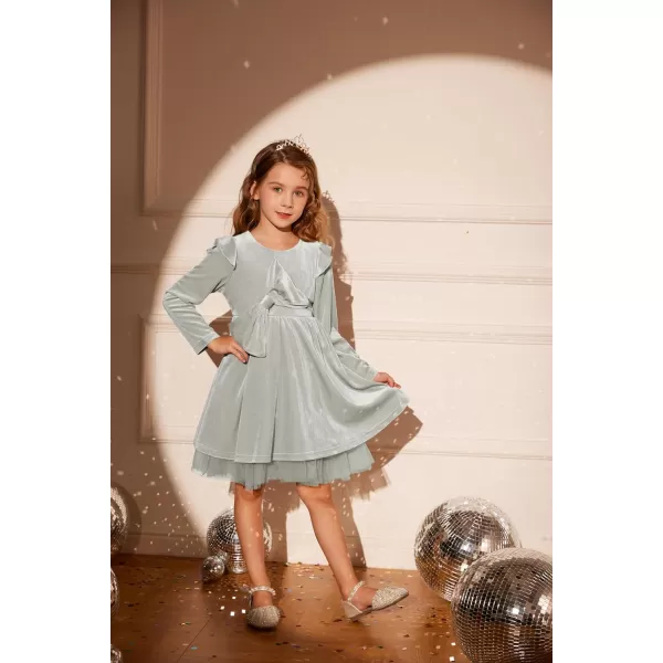 GRACE KARIN Girls Velvet Dress Crew Neck Ruffle Fall Winter Party Dresses 512YSliver