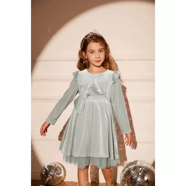 GRACE KARIN Girls Velvet Dress Crew Neck Ruffle Fall Winter Party Dresses 512YSliver