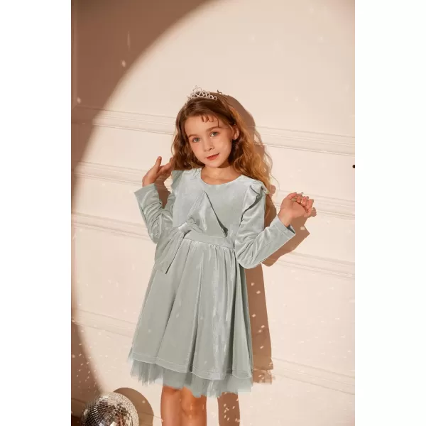 GRACE KARIN Girls Velvet Dress Crew Neck Ruffle Fall Winter Party Dresses 512YSliver