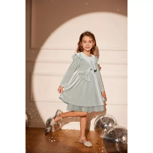 GRACE KARIN Girls Velvet Dress Crew Neck Ruffle Fall Winter Party Dresses 512YSliver