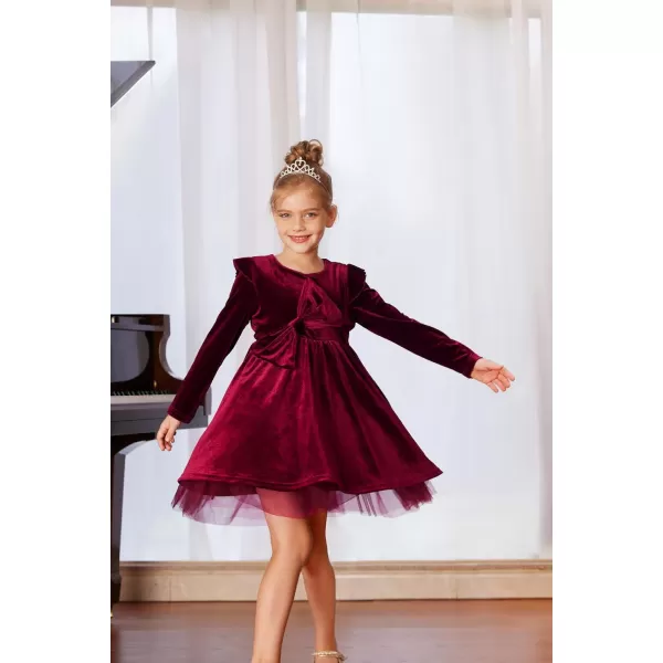 GRACE KARIN Girls Velvet Dress Crew Neck Ruffle Fall Winter Party Dresses 512YWine Red