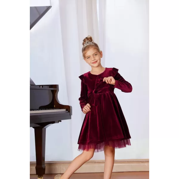 GRACE KARIN Girls Velvet Dress Crew Neck Ruffle Fall Winter Party Dresses 512YWine Red