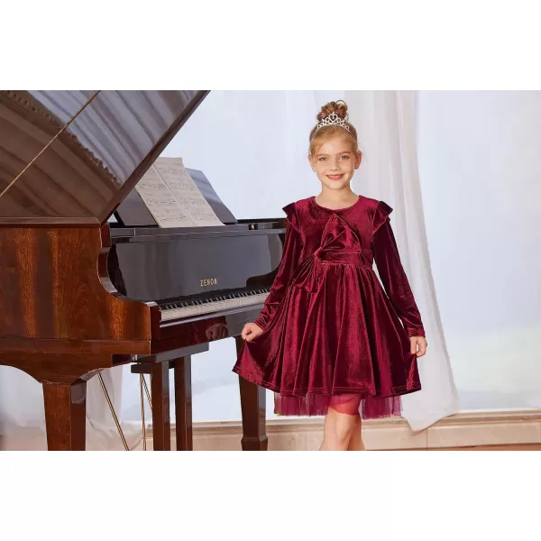 GRACE KARIN Girls Velvet Dress Crew Neck Ruffle Fall Winter Party Dresses 512YWine Red