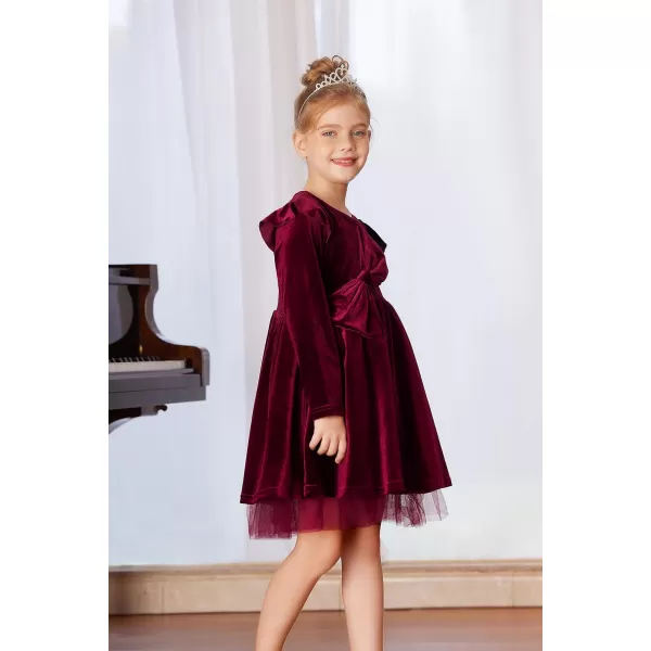 GRACE KARIN Girls Velvet Dress Crew Neck Ruffle Fall Winter Party Dresses 512YWine Red