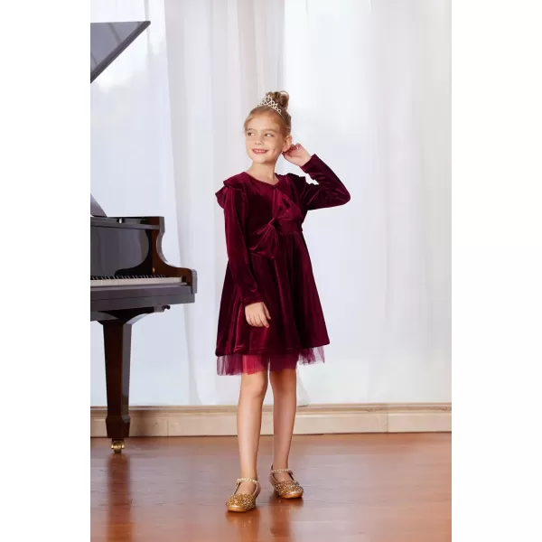 GRACE KARIN Girls Velvet Dress Crew Neck Ruffle Fall Winter Party Dresses 512YWine Red