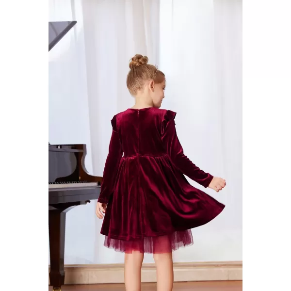 GRACE KARIN Girls Velvet Dress Crew Neck Ruffle Fall Winter Party Dresses 512YWine Red