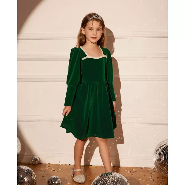 GRACE KARIN Girls Velvet Party Dress Lantern Sleeve Fall ALine Dress 512YearsDark Green