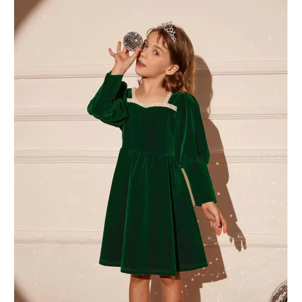 GRACE KARIN Girls Velvet Party Dress Lantern Sleeve Fall ALine Dress 512YearsDark Green