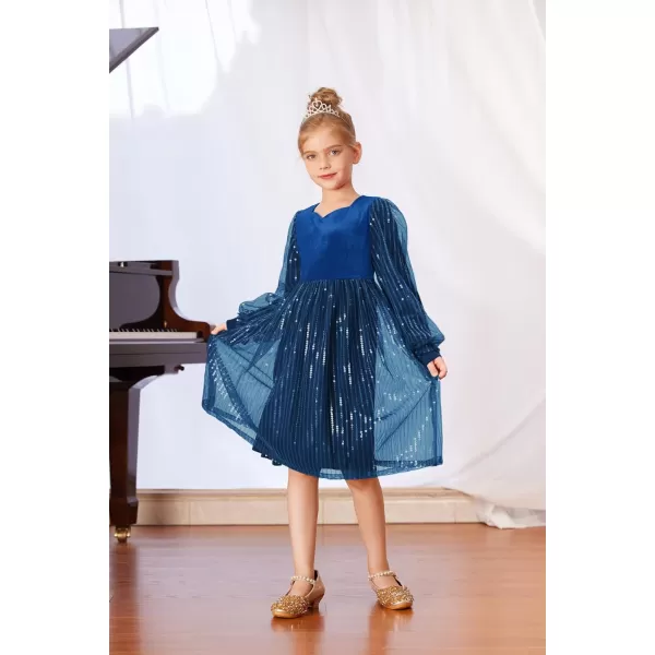 GRACE KARIN Girls Velvet Sequin Dress Girls Long Sleeve Elegant Cute Sequin Dress for 512YBlue