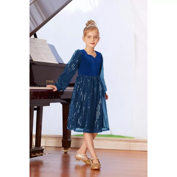 GRACE KARIN Girls Velvet Sequin Dress Girls Long Sleeve Elegant Cute Sequin Dress for 512YBlue