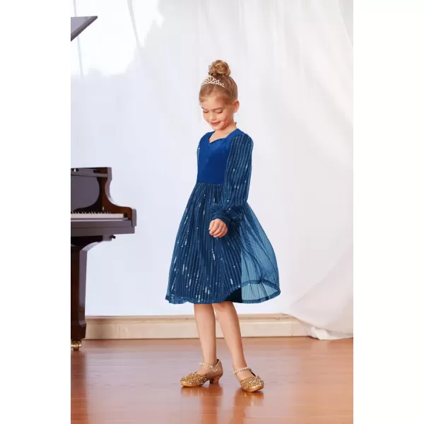 GRACE KARIN Girls Velvet Sequin Dress Girls Long Sleeve Elegant Cute Sequin Dress for 512YBlue