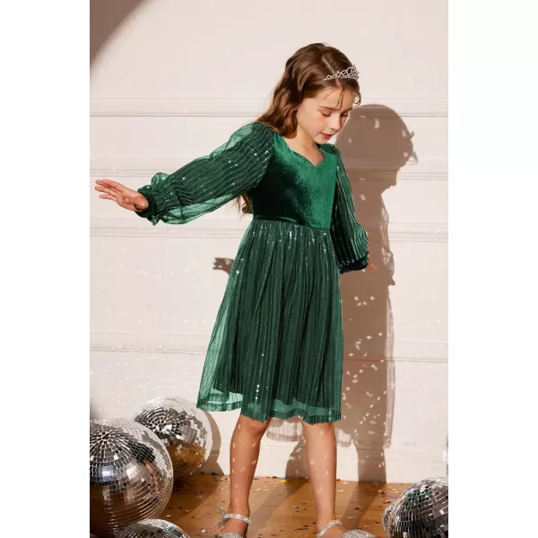 GRACE KARIN Girls Velvet Sequin Dress Girls Long Sleeve Elegant Cute Sequin Dress for 512YGreen