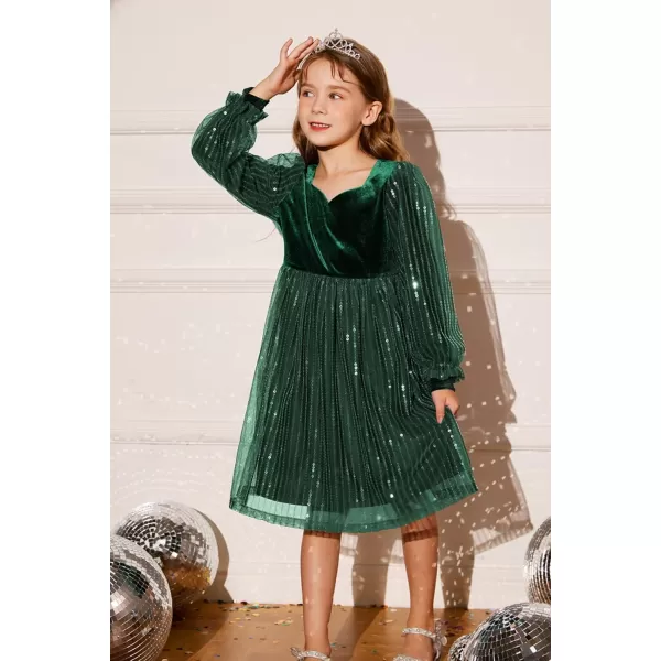 GRACE KARIN Girls Velvet Sequin Dress Girls Long Sleeve Elegant Cute Sequin Dress for 512YGreen