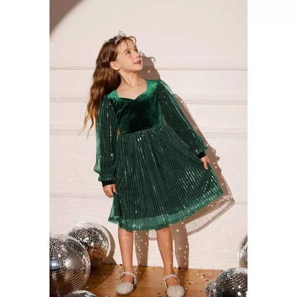 GRACE KARIN Girls Velvet Sequin Dress Girls Long Sleeve Elegant Cute Sequin Dress for 512YGreen