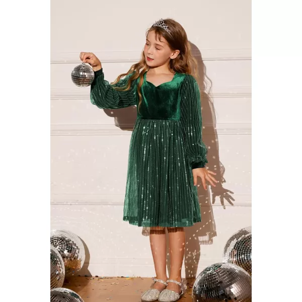 GRACE KARIN Girls Velvet Sequin Dress Girls Long Sleeve Elegant Cute Sequin Dress for 512YGreen