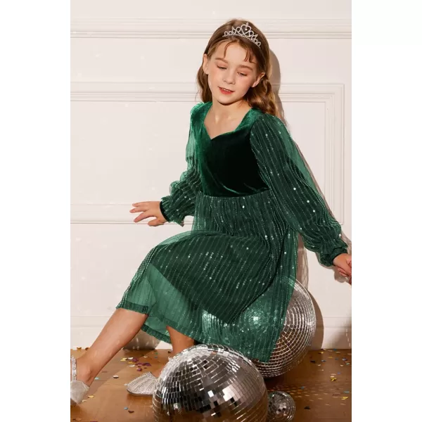 GRACE KARIN Girls Velvet Sequin Dress Girls Long Sleeve Elegant Cute Sequin Dress for 512YGreen