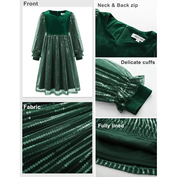 GRACE KARIN Girls Velvet Sequin Dress Girls Long Sleeve Elegant Cute Sequin Dress for 512YGreen