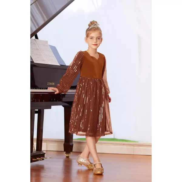 GRACE KARIN Girls Velvet Sequin Dress Girls Long Sleeve Elegant Cute Sequin Dress for 512YOrange Brown