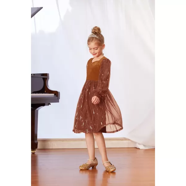 GRACE KARIN Girls Velvet Sequin Dress Girls Long Sleeve Elegant Cute Sequin Dress for 512YOrange Brown