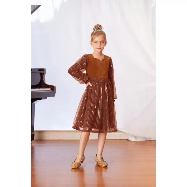 GRACE KARIN Girls Velvet Sequin Dress Girls Long Sleeve Elegant Cute Sequin Dress for 512YOrange Brown