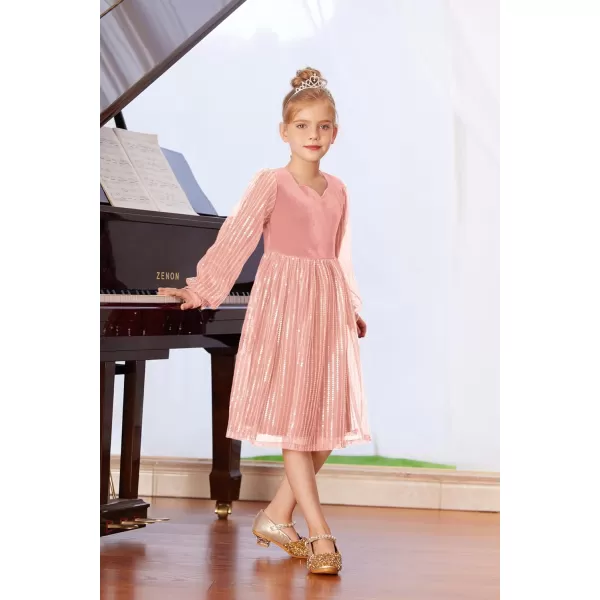 GRACE KARIN Girls Velvet Sequin Dress Girls Long Sleeve Elegant Cute Sequin Dress for 512YPink