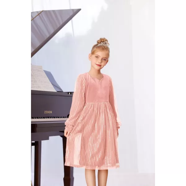 GRACE KARIN Girls Velvet Sequin Dress Girls Long Sleeve Elegant Cute Sequin Dress for 512YPink