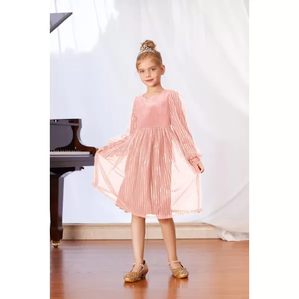 GRACE KARIN Girls Velvet Sequin Dress Girls Long Sleeve Elegant Cute Sequin Dress for 512YPink