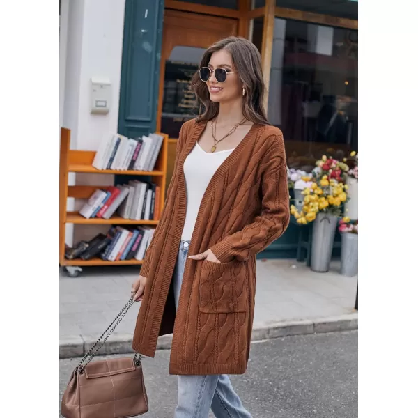 GRACE KARIN Long Cardigan Sweaters for Women 2023 Solid Color Cable Knit Oversized Cardigans with PocketsBrown Chunky