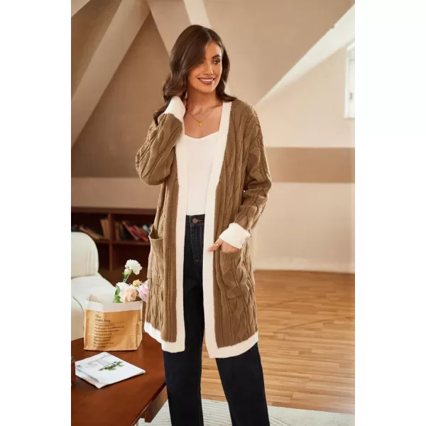 GRACE KARIN Long Cardigan Sweaters for Women 2023 Solid Color Cable Knit Oversized Cardigans with PocketsKhakiwhite Chunky