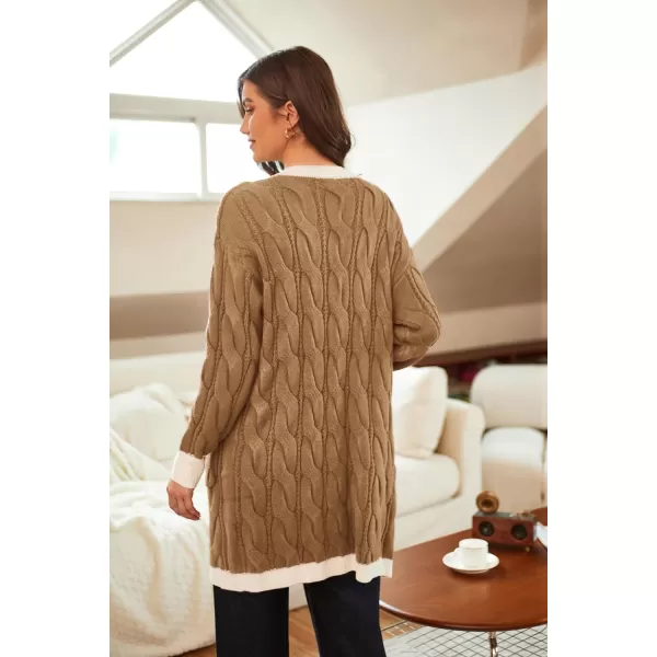 GRACE KARIN Long Cardigan Sweaters for Women 2023 Solid Color Cable Knit Oversized Cardigans with PocketsKhakiwhite Chunky