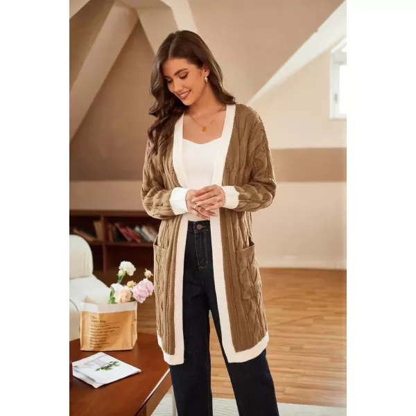 GRACE KARIN Long Cardigan Sweaters for Women 2023 Solid Color Cable Knit Oversized Cardigans with PocketsKhakiwhite Chunky